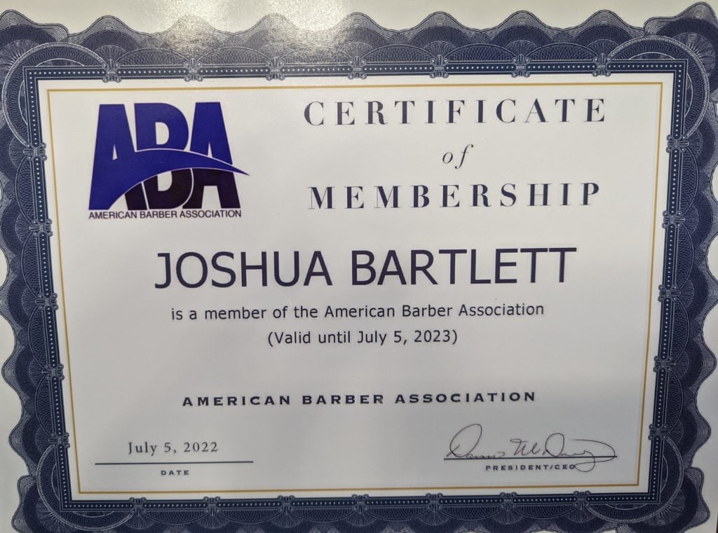 Joshua Bartlett American Barber Association Membership Certificate
